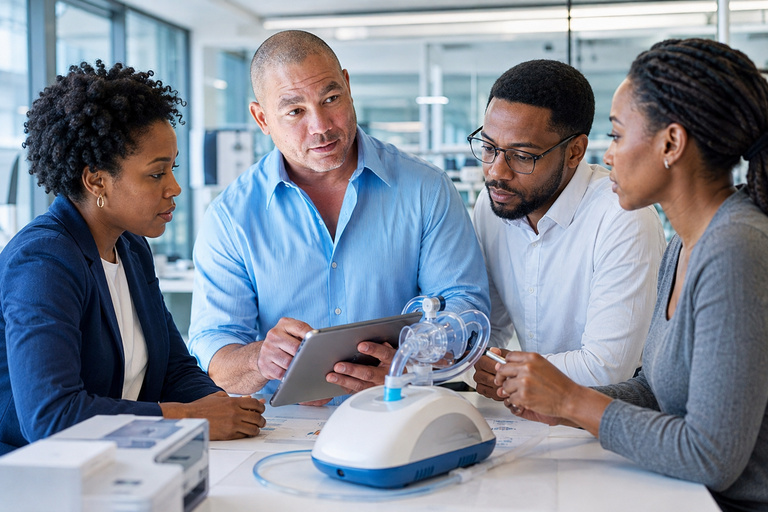 Black American entrepreneurs collaborating over a product demonstration