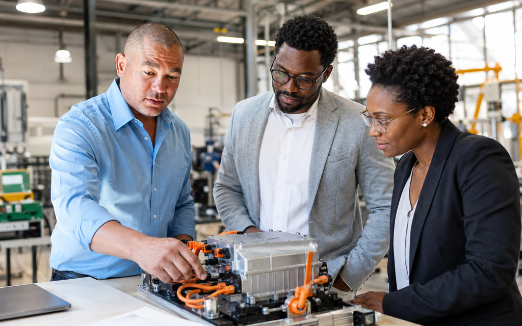 Black American engineers and technicians examining equipment together