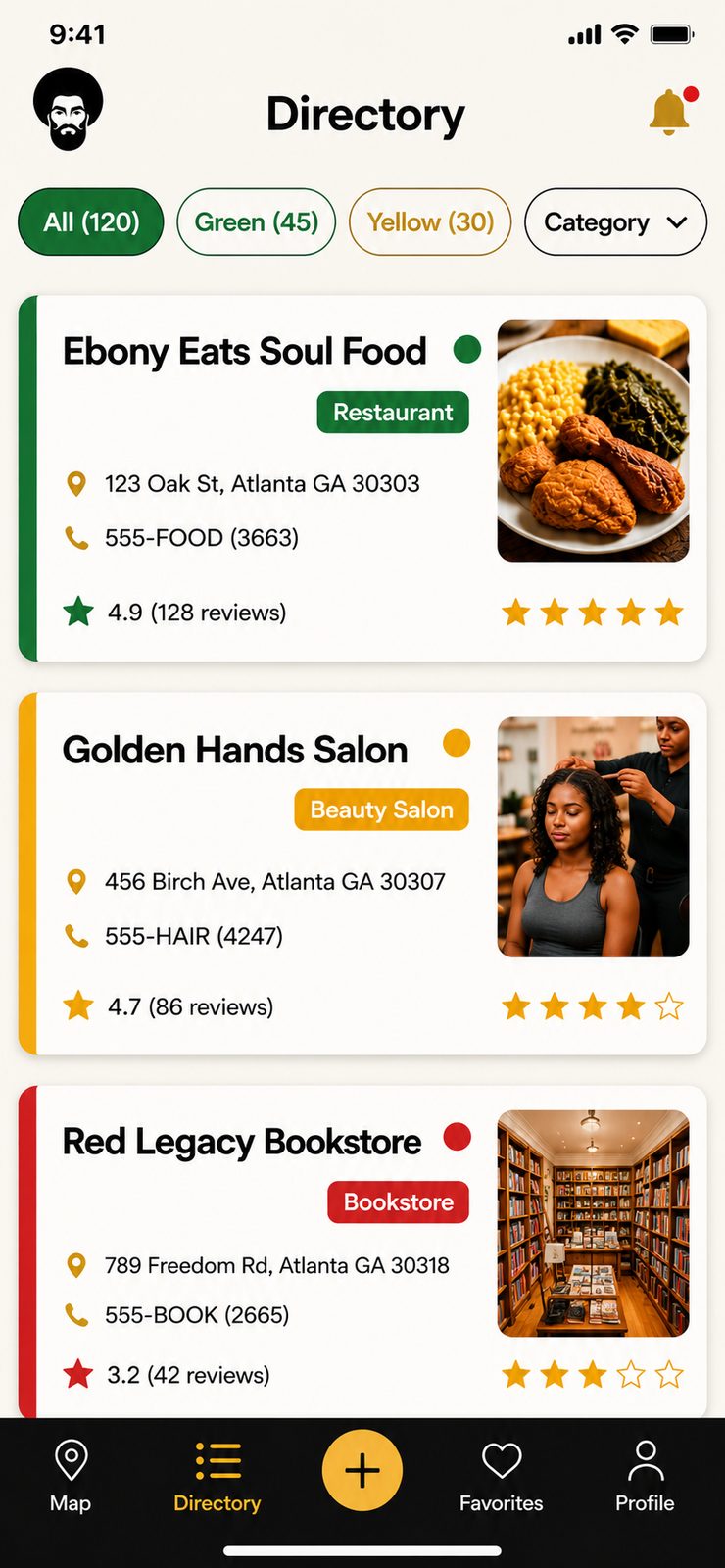 Black Dollar directory listing businesses with green member, yellow neutral, and red flagged status