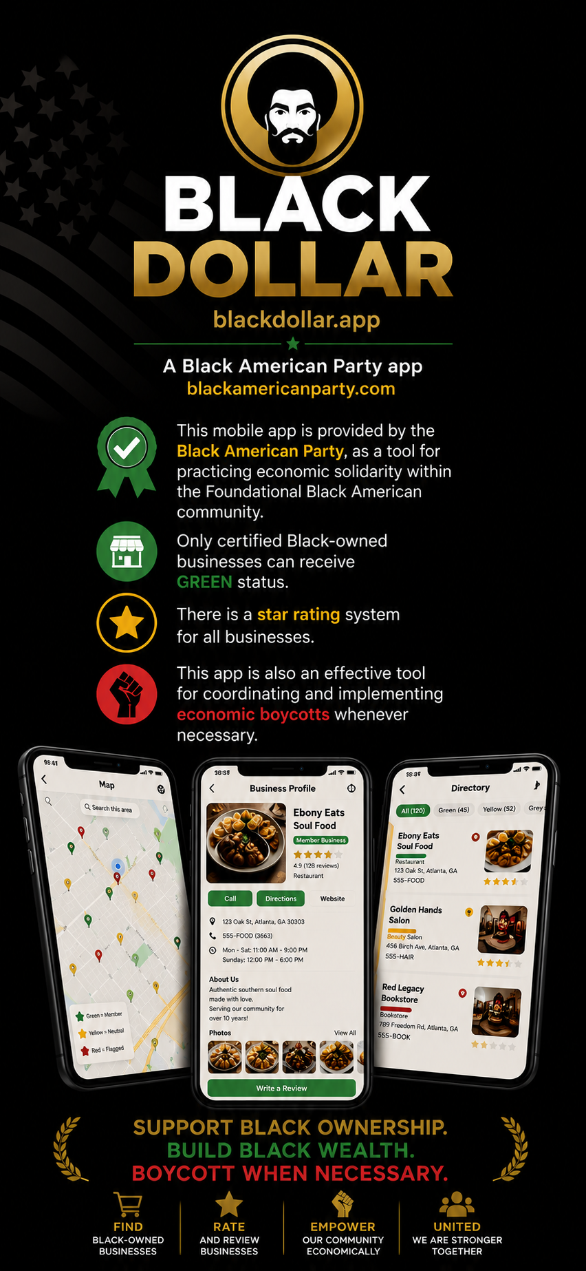 Black Dollar — a Black American Party app: find Black-owned businesses, rate and review, empower the community economically, united we are stronger together.