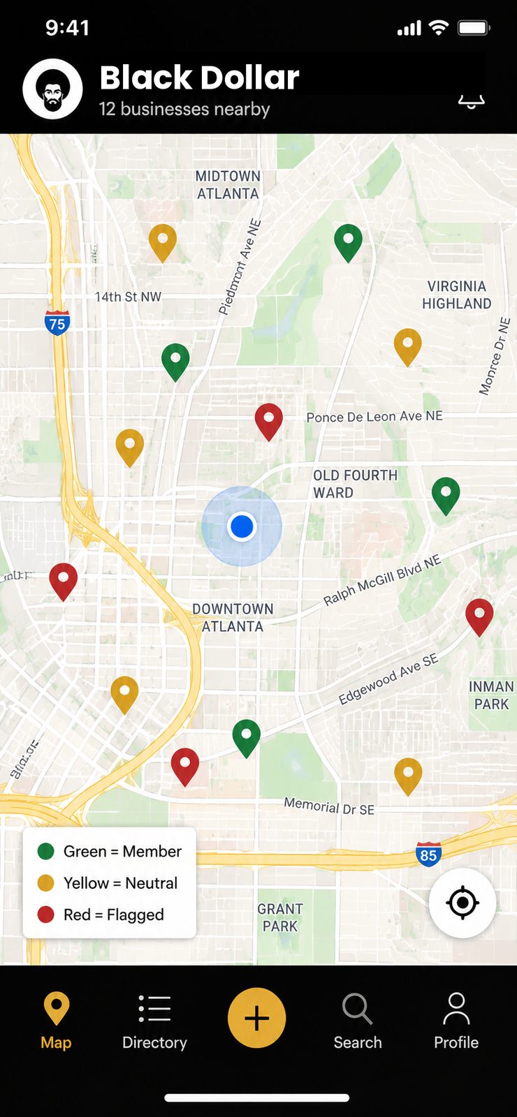 Black Dollar app map showing nearby Black-owned businesses across Atlanta, color-coded green, yellow, and red