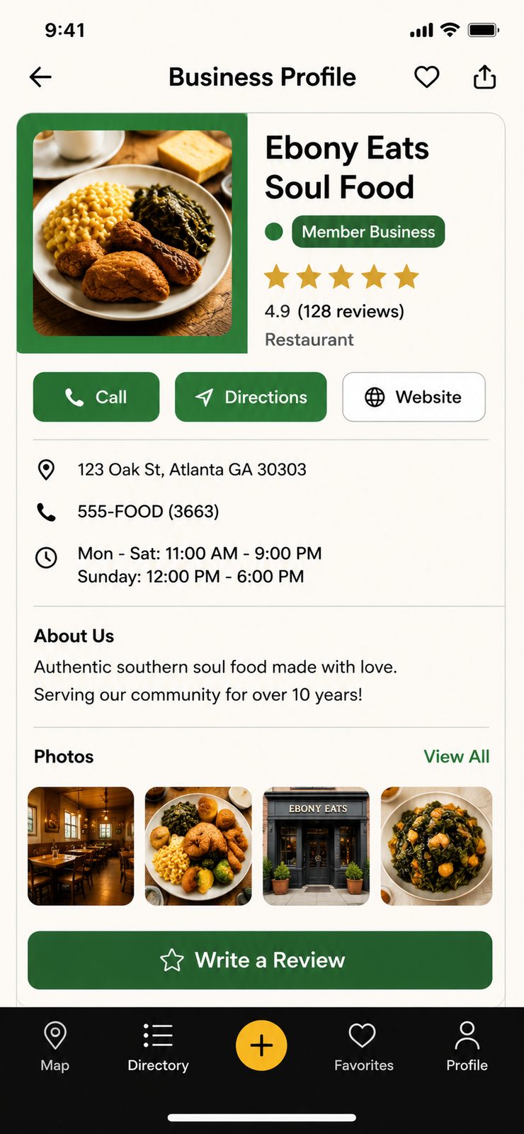 Business profile for a member restaurant with call, directions, hours, reviews, and photos