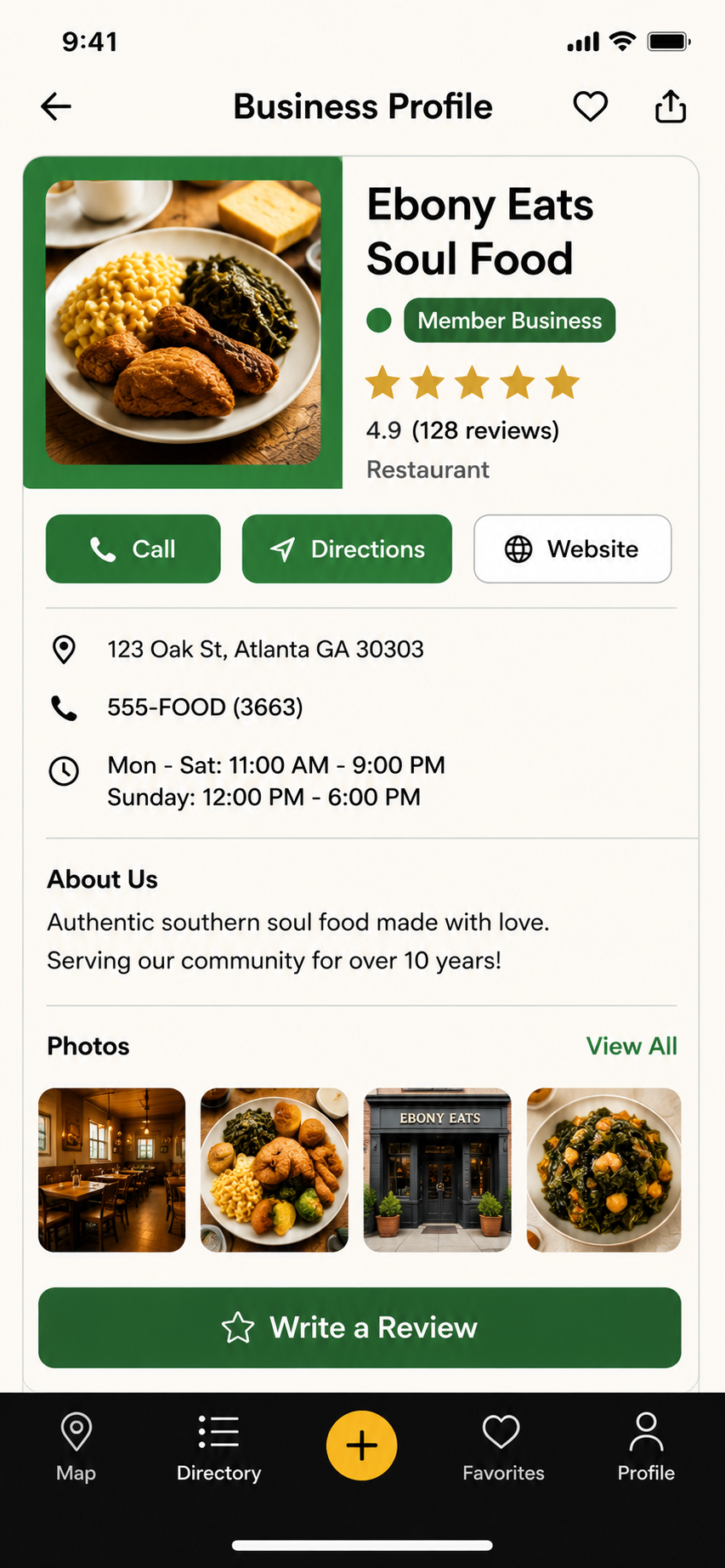 Business profile for a member restaurant with call, directions, hours, reviews, and photos