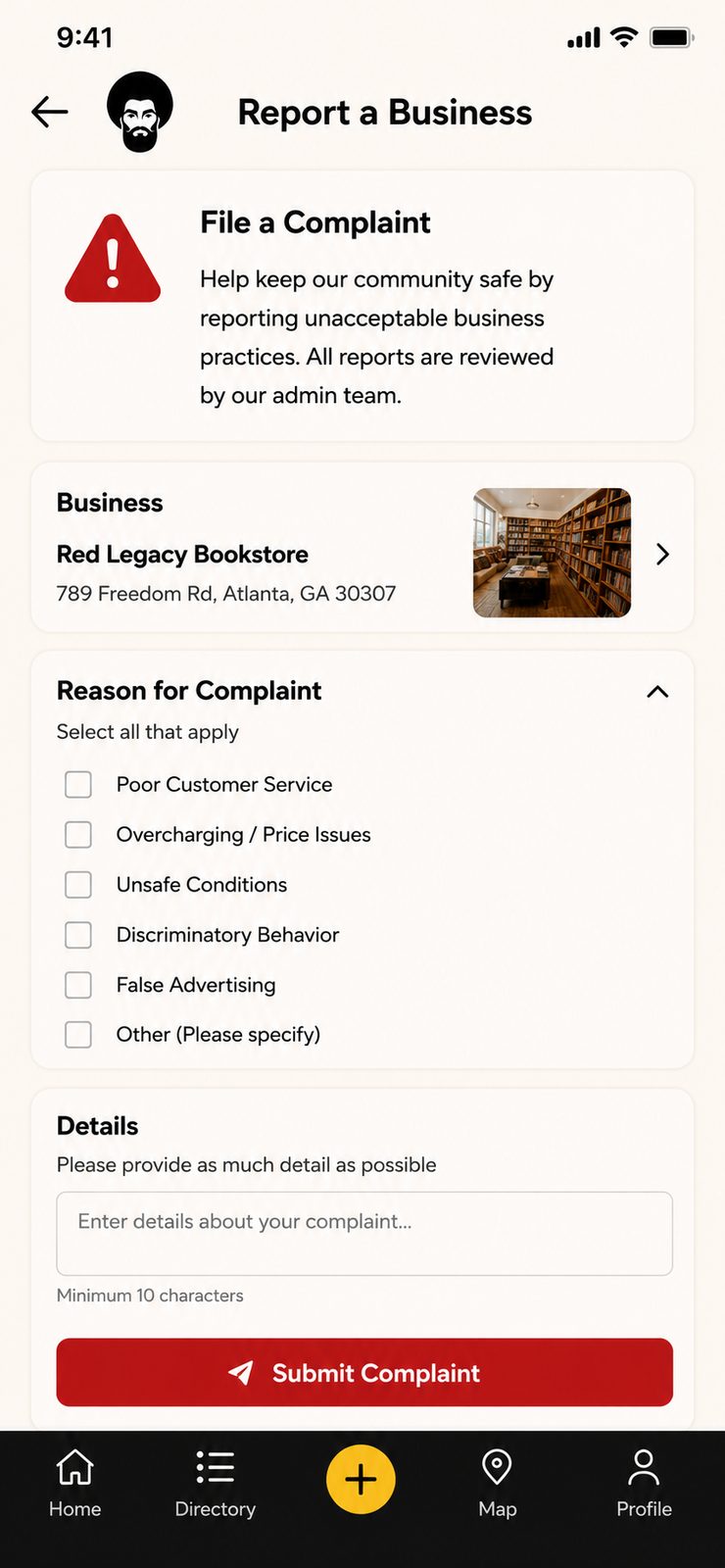 Report a business form to file a community complaint for review by the admin team
