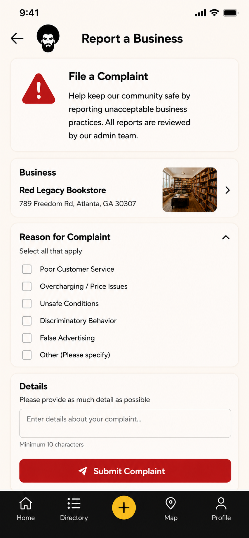 Report a business form to file a community complaint for review by the admin team