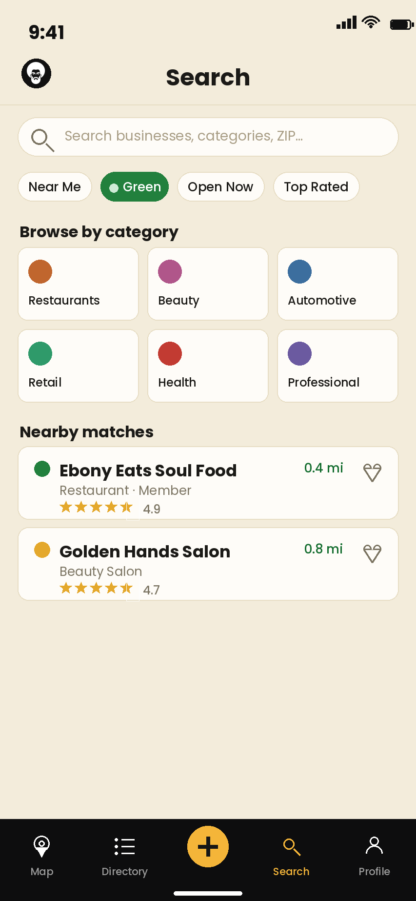 Search businesses by category with filters for Green members, Open Now, and Top Rated
