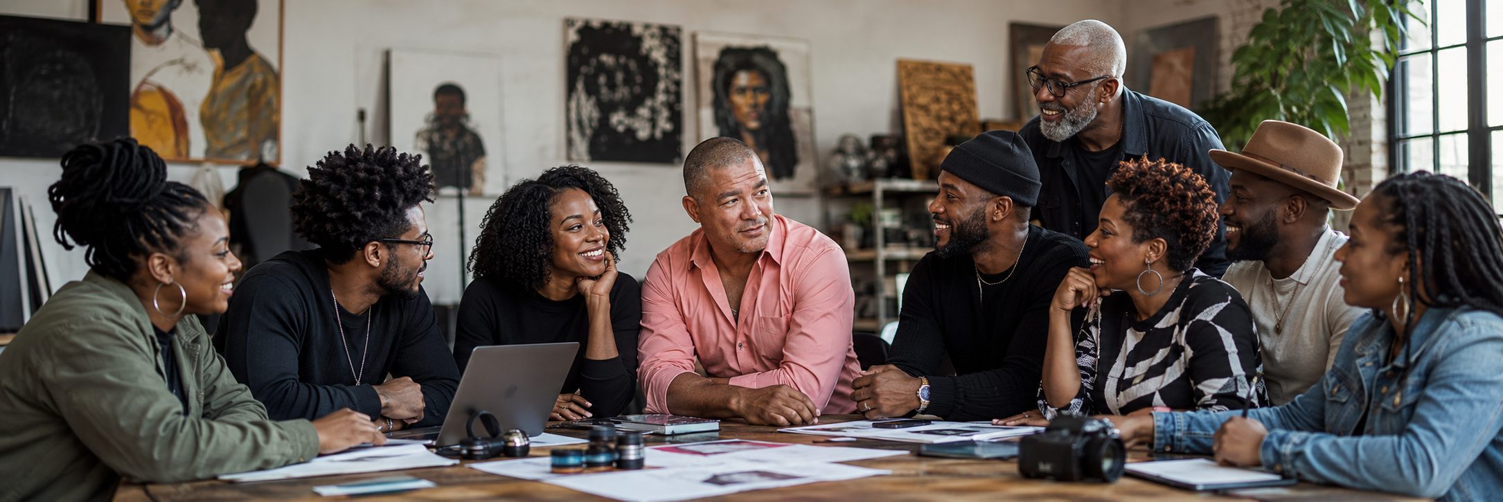 Black artists and photographers collaborating in an art studio