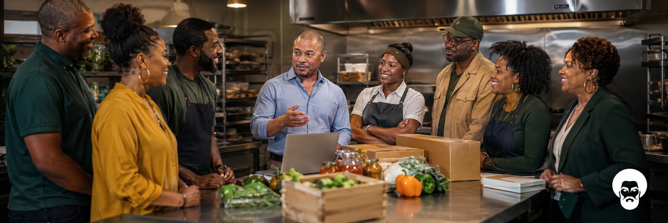 Black chefs and food entrepreneurs around a crate of fresh produce in a commercial kitchen