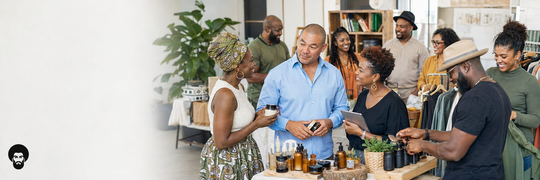 Supporting a Black-owned business Shoppers browsing products at a Black-owned market stall
