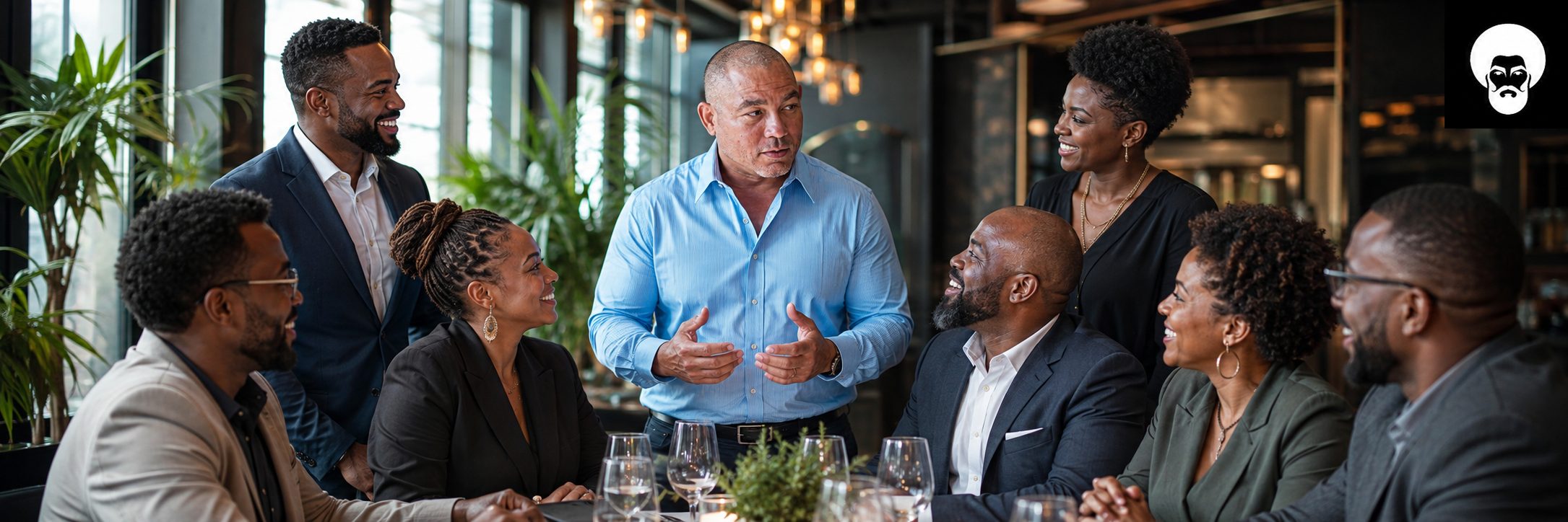 Black business owners talking over dinner in a restaurant