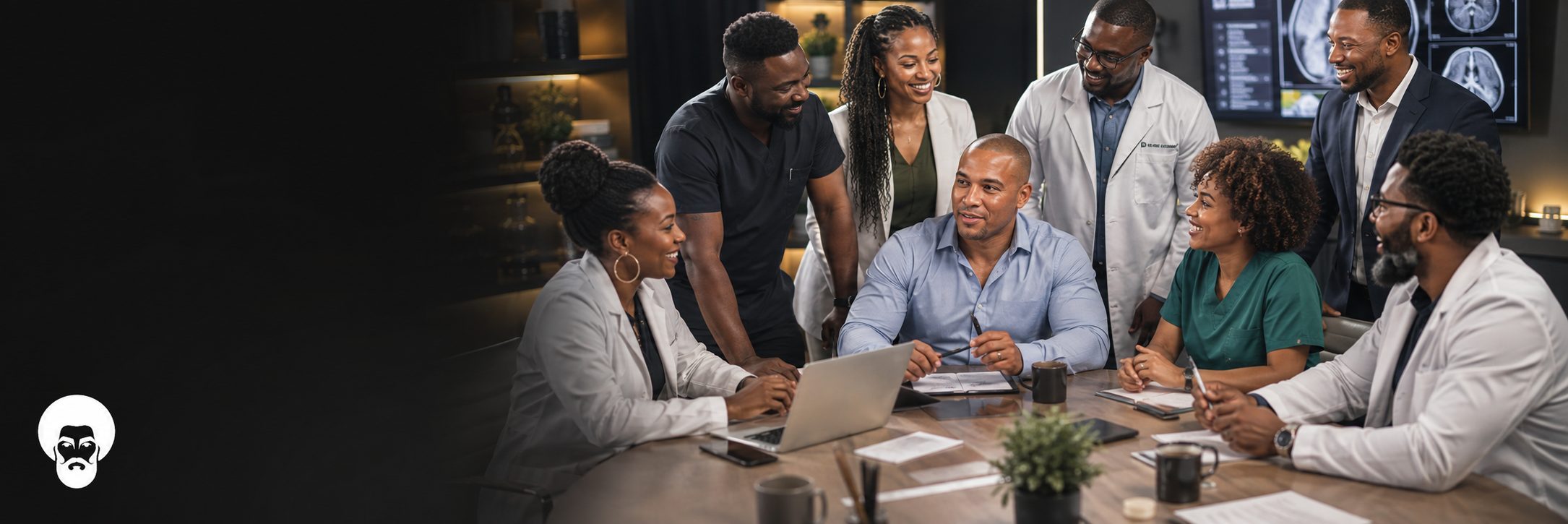 Black clinicians in lab coats reviewing medical scans with colleagues