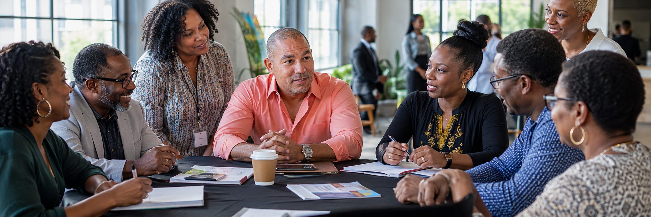 Black professionals wearing name badges at a co-working member meeting