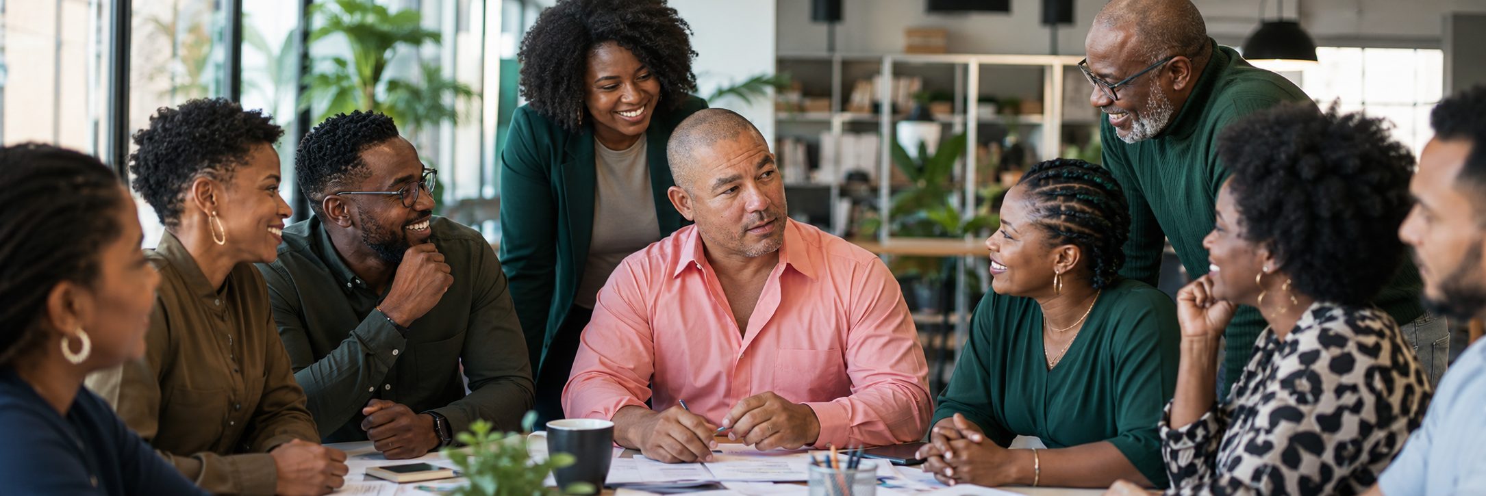Black American Party members in a community planning session around a table