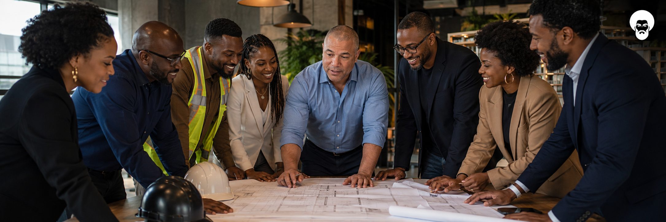 Black construction crew and project managers reviewing blueprints in hard hats and hi-vis