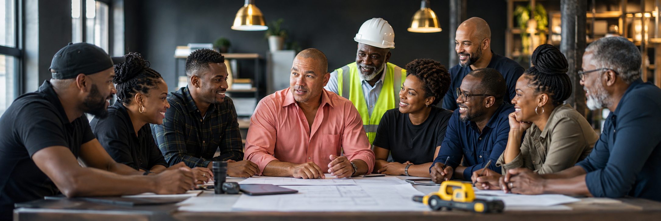 Construction planning Black project team reviewing construction plans with a site foreman in a hard hat