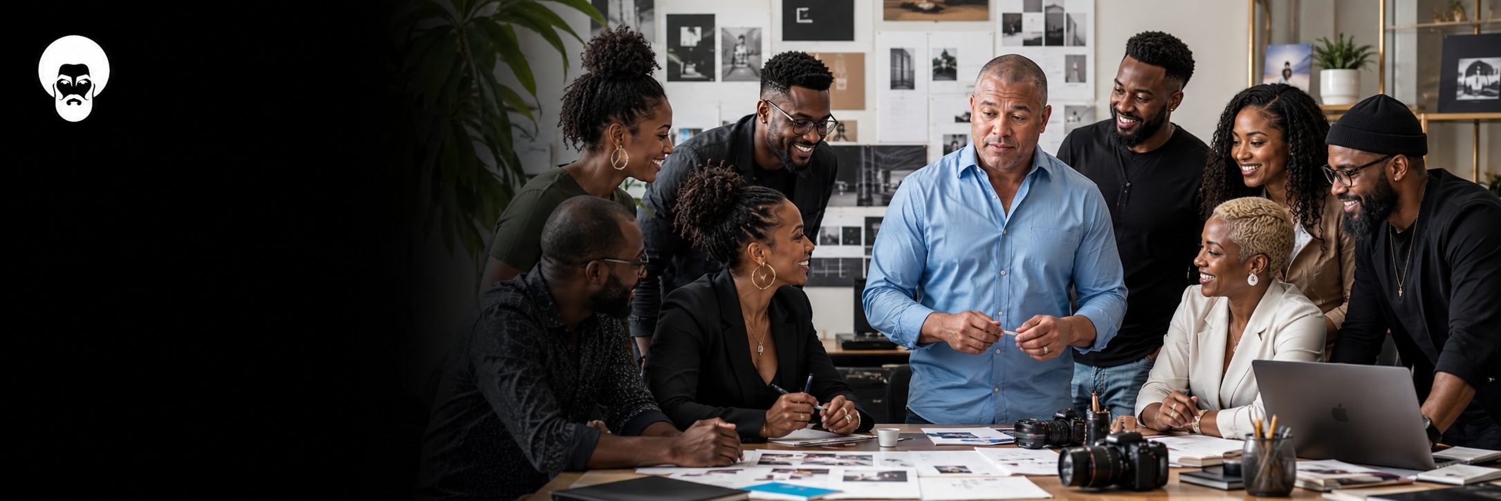 Black creatives reviewing prints and photographs in a design studio