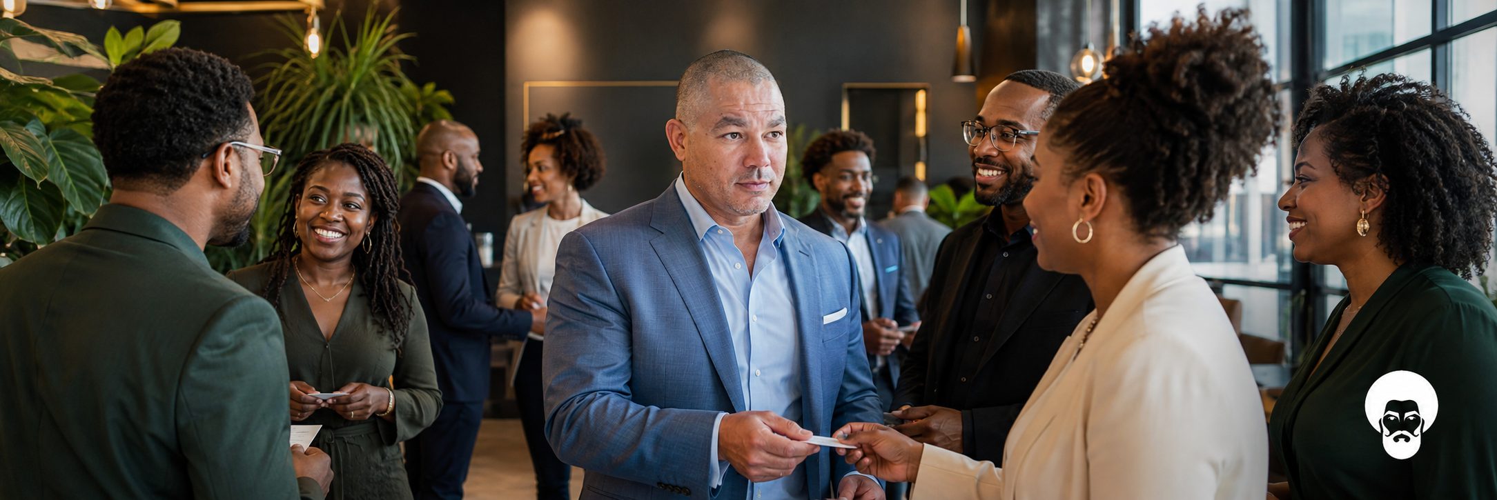 Exchanging business cards Black professionals exchanging business cards at a Black American Party mixer