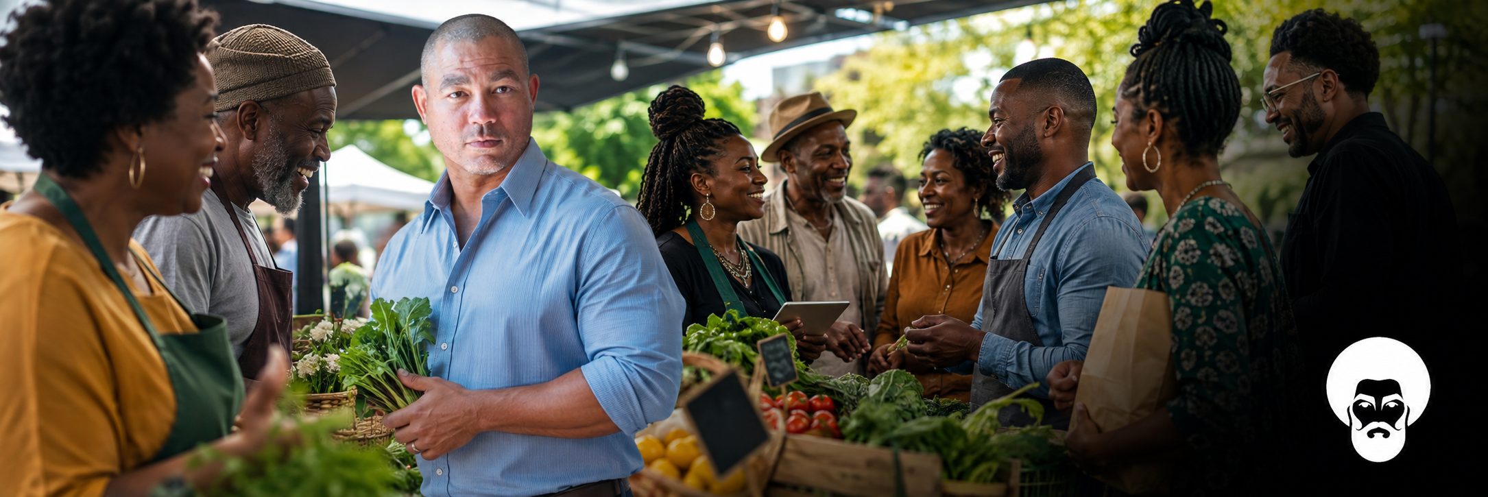 Black farmers and producers at a farmers market stall with fresh vegetables