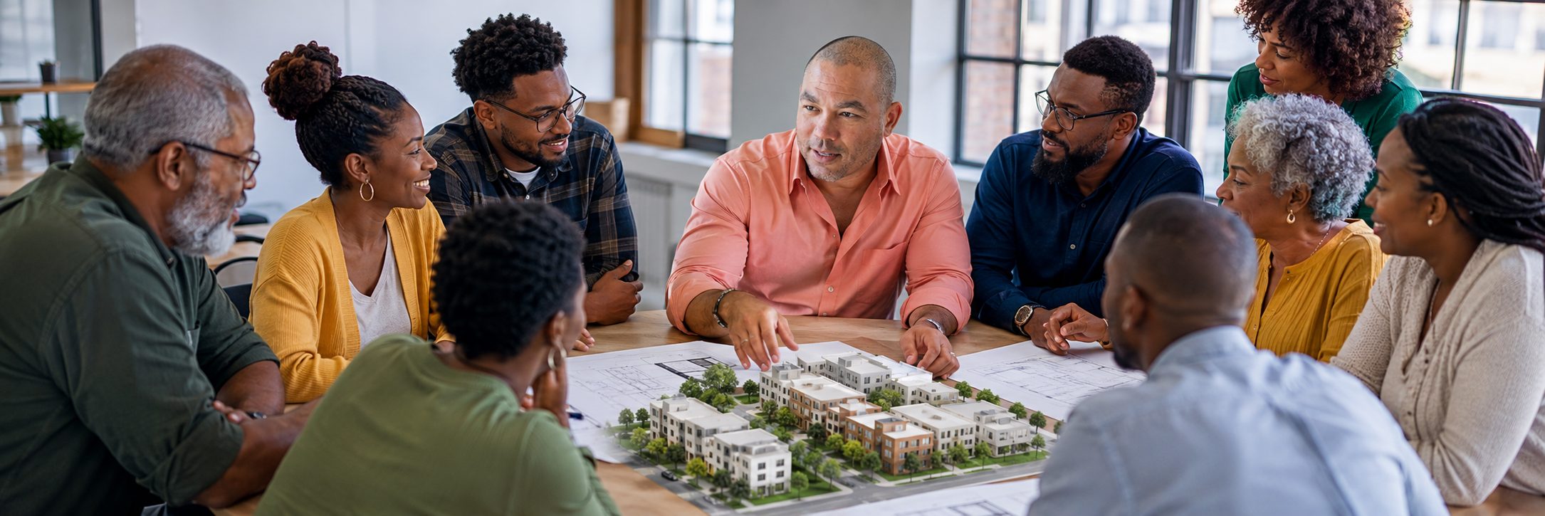 Black developers studying an architectural scale model of a housing development