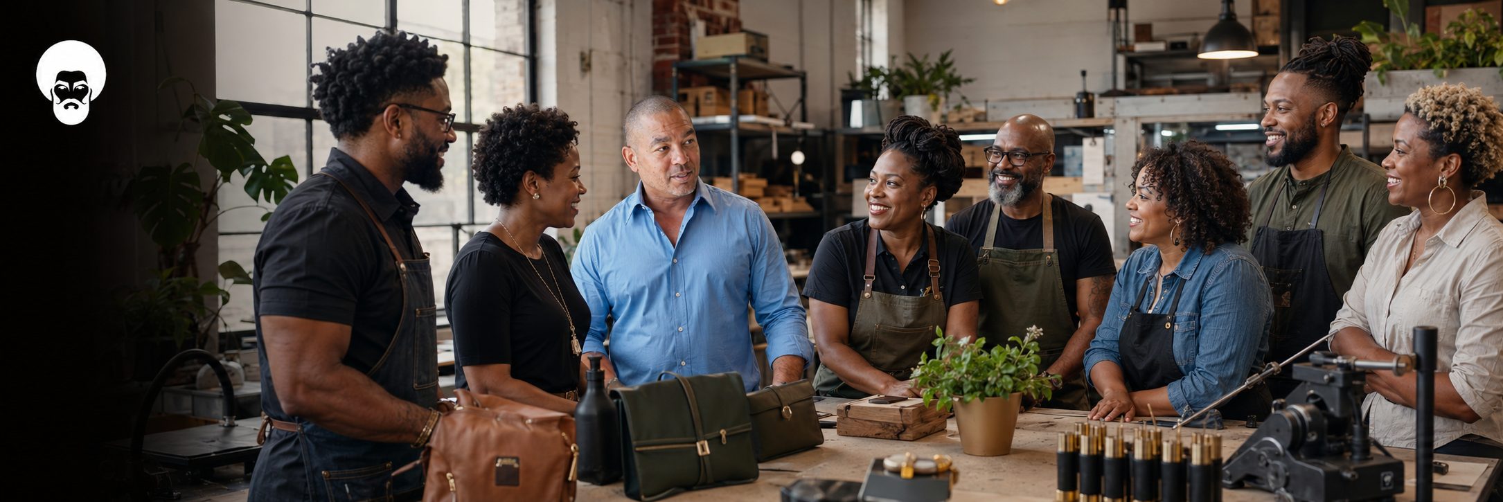 Black artisans in a leather goods workshop with finished products on the bench
