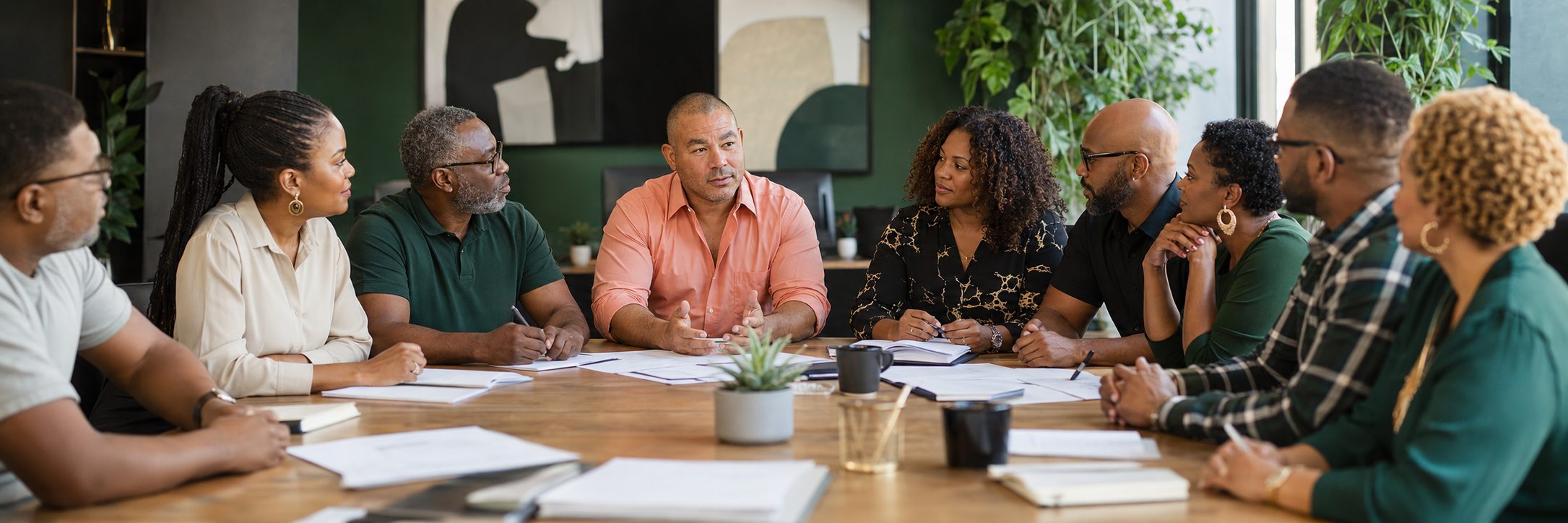 Black professionals working through documents at a long table