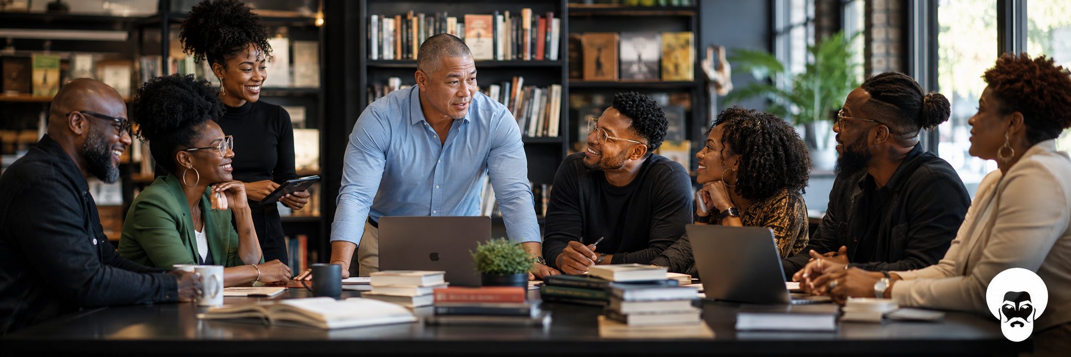 Meeting in a Black-owned bookstore Black professionals meeting with laptops in a Black-owned bookstore