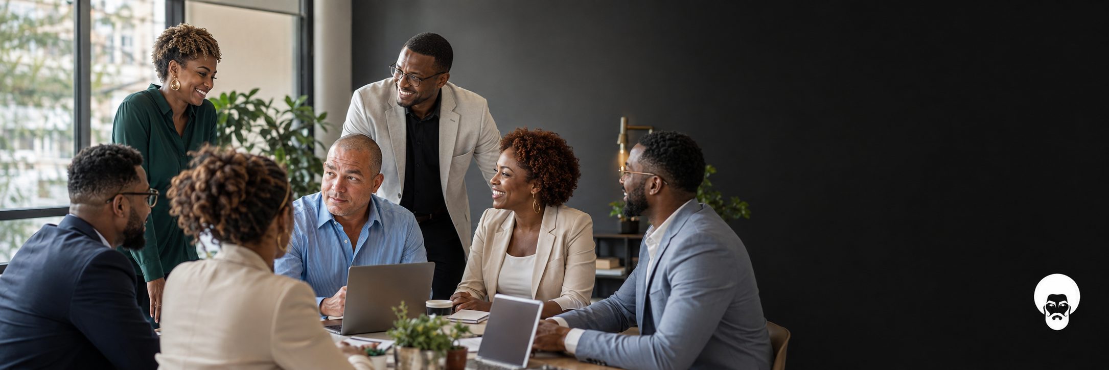 Black professionals in an office planning meeting with laptops and plants