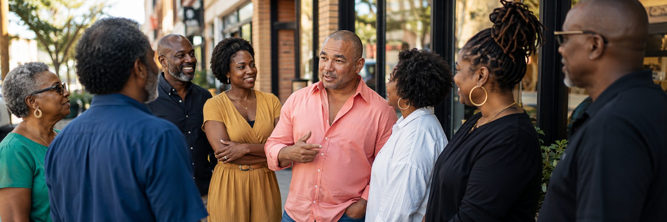 Black neighbours and business owners talking in an outdoor courtyard