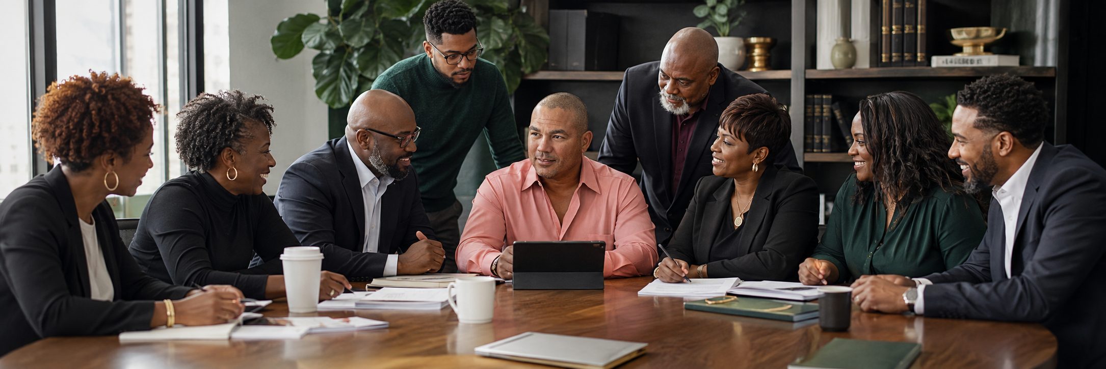 Black American Party members meeting around a wood-panelled boardroom table