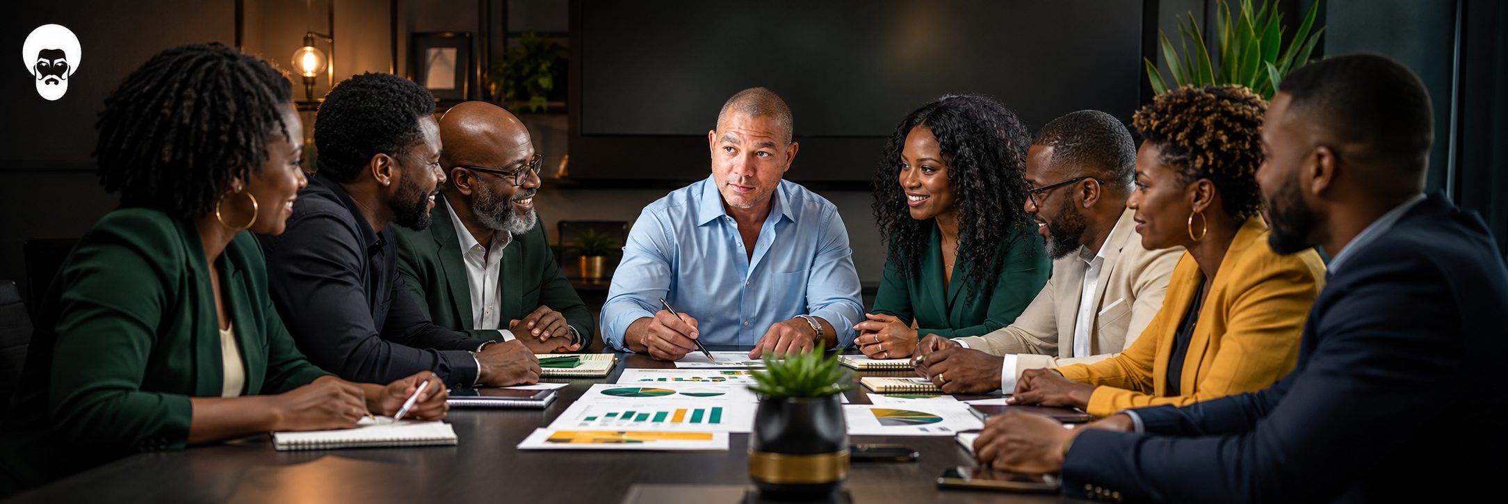 Black American Party members reviewing printed financial charts around a boardroom table