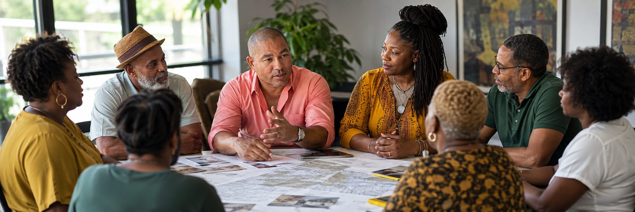 Black creatives reviewing printed layouts spread across a table
