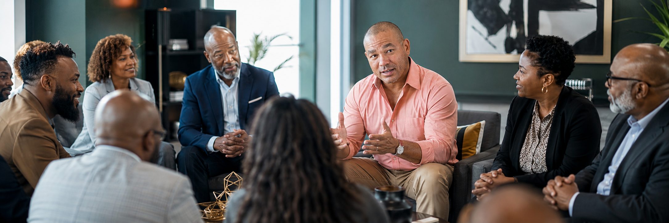 Black American Party members in a seated circle discussion