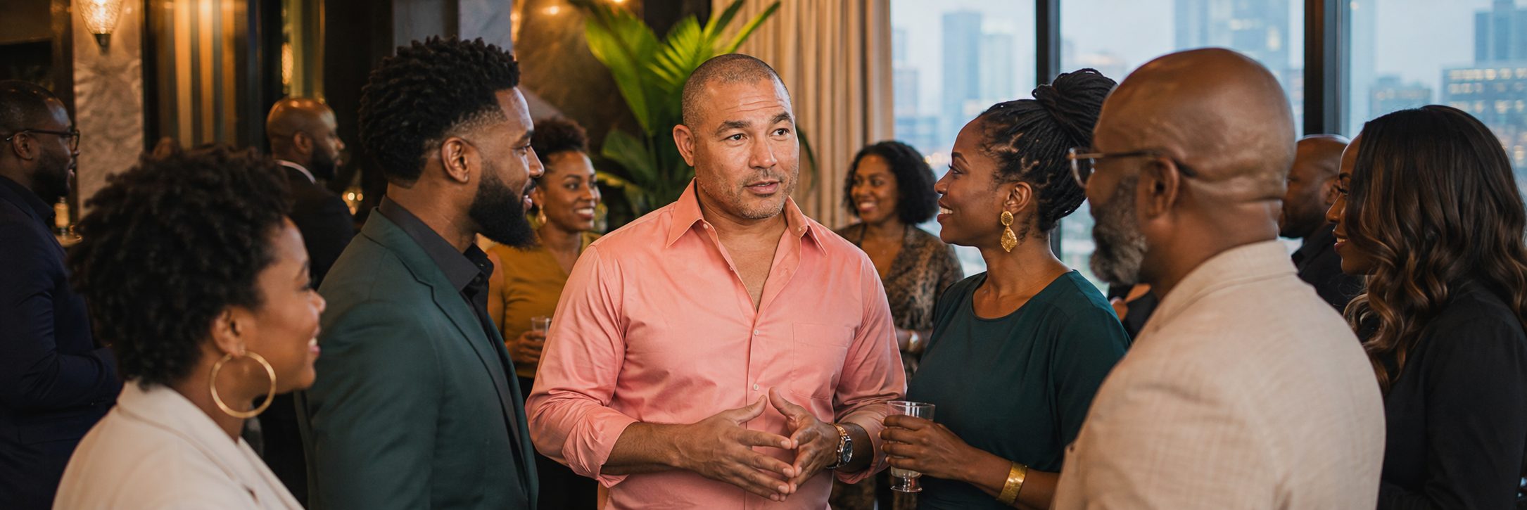 Black professionals talking in front of a city skyline window
