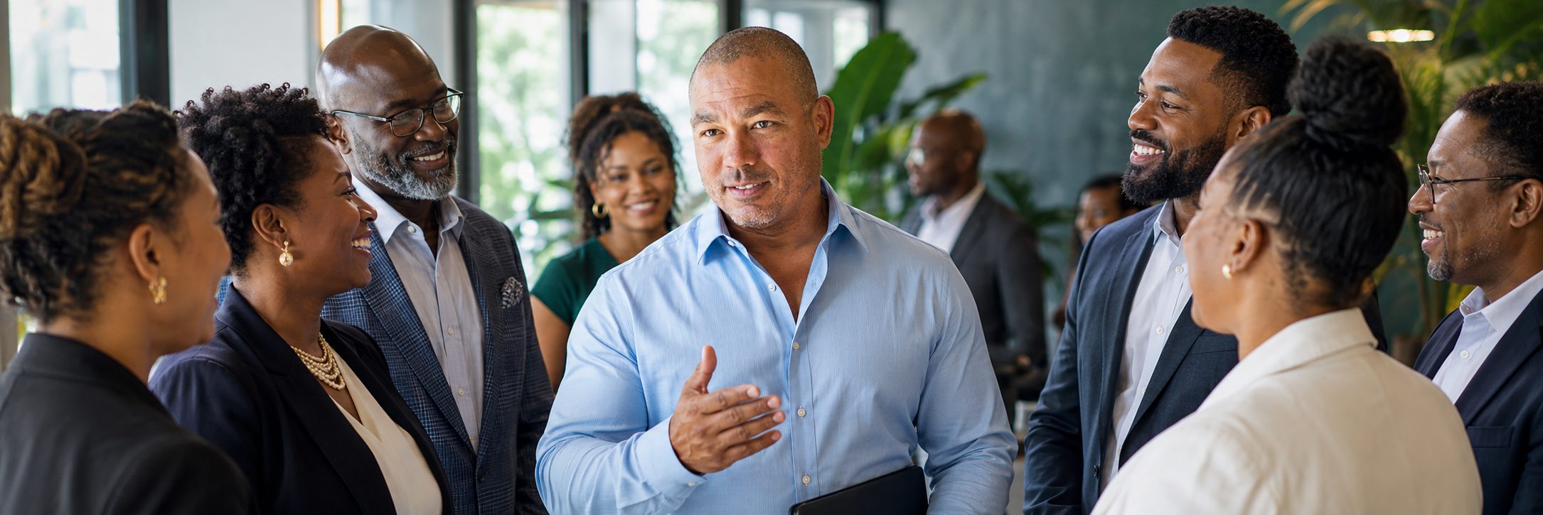 Standing group discussion Black professionals in a standing group discussion in an open-plan office