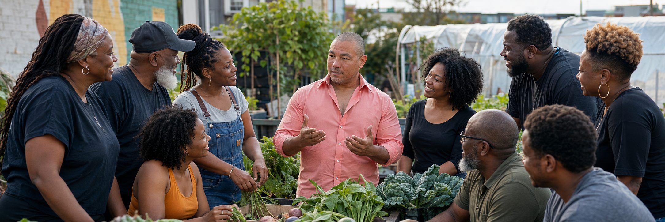 Black-owned urban farming Black growers talking inside a greenhouse on an urban farm