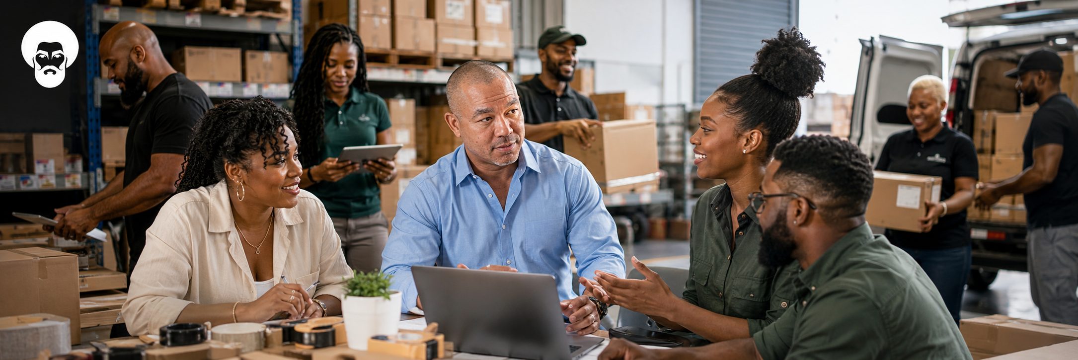 Black warehouse and logistics team planning deliveries beside a van