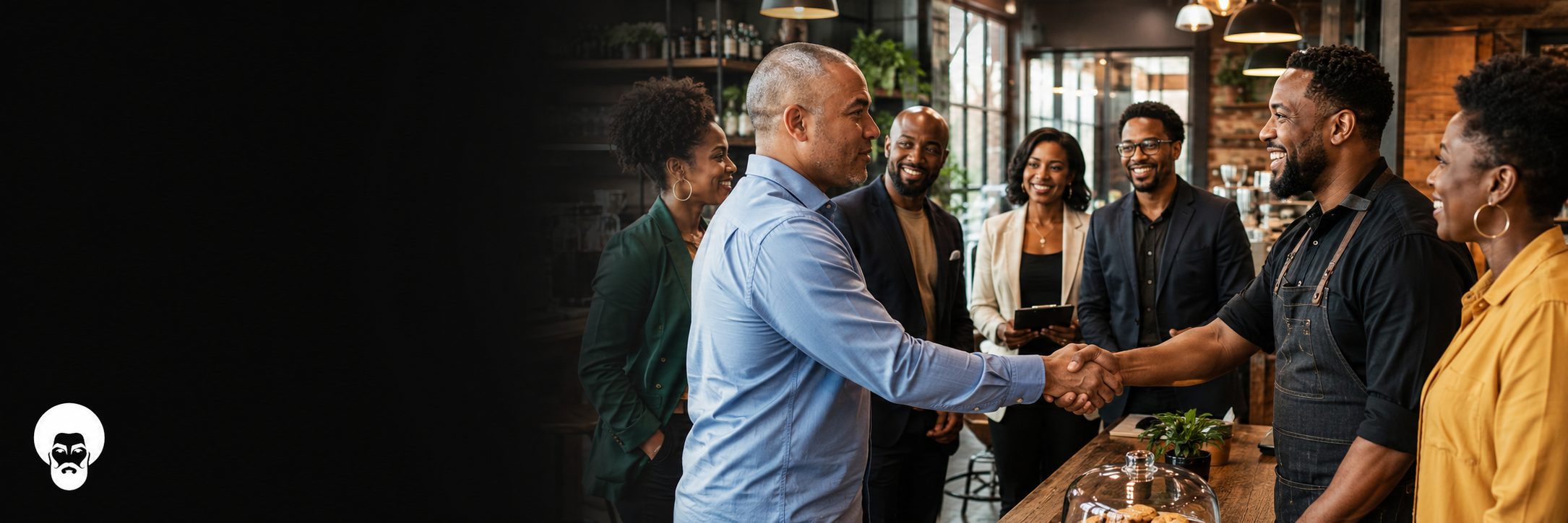 Black entrepreneurs greeting a new member with a handshake in a co-working cafe