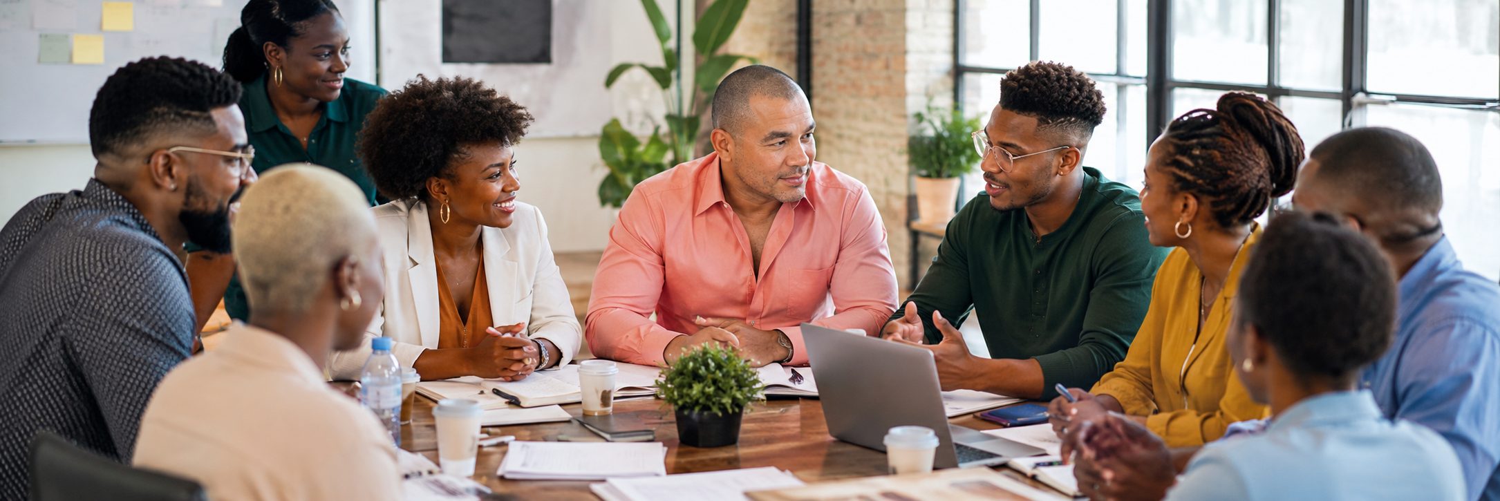 Black professionals running a planning workshop with sticky notes and a whiteboard