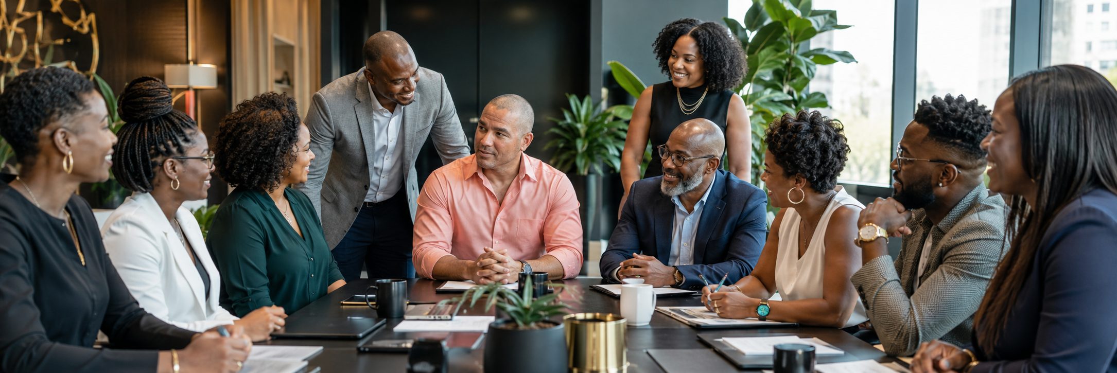 Black professionals collaborating around a table in a modern workspace