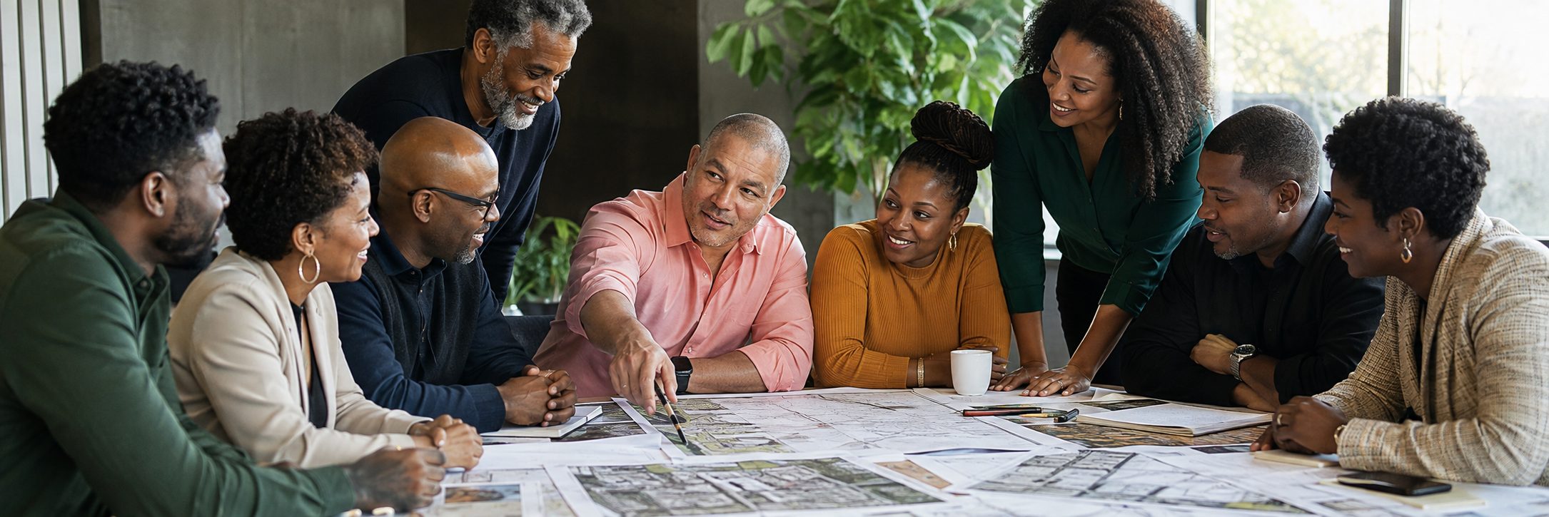 Black professionals collaborating around a table in a modern workspace