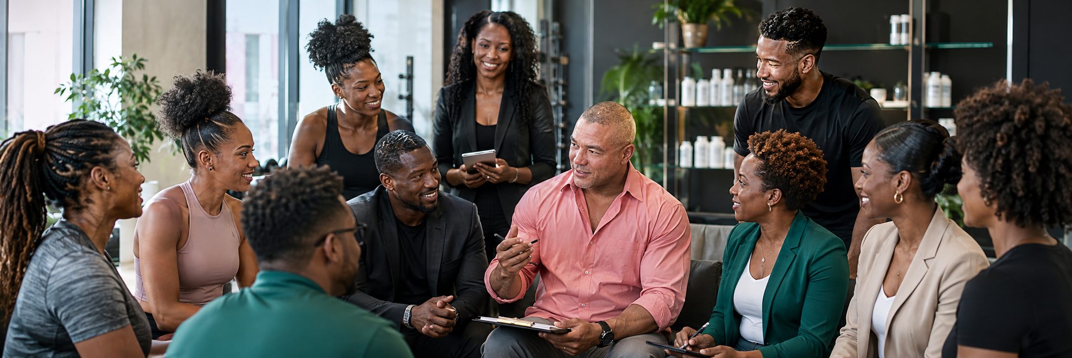 Black professionals collaborating around a table in a modern workspace