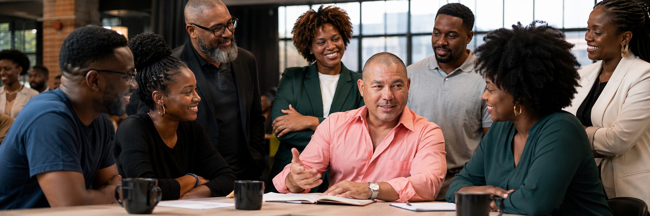 Black professionals collaborating around a table in a modern workspace
