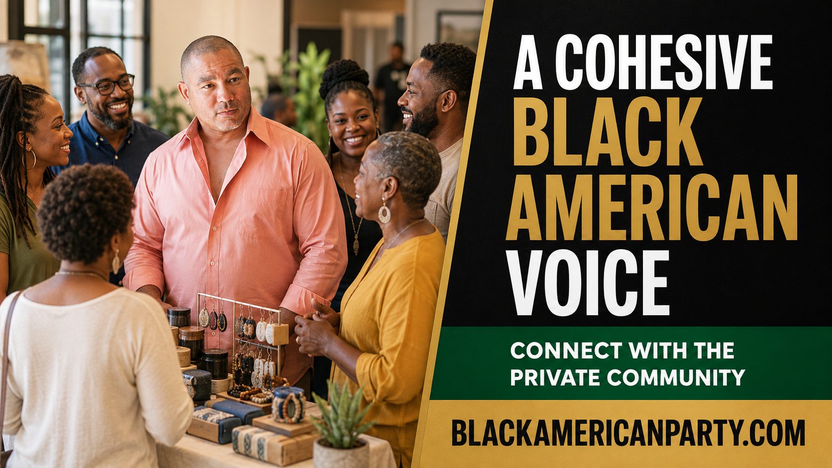 Black American Party promotional card reading “A Cohesive Black American Voice” over a photograph of Black professionals