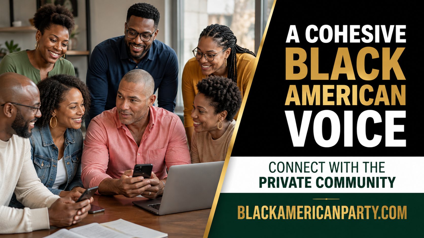 Black American Party promotional card reading “A Cohesive Black American Voice” over a photograph of Black professionals