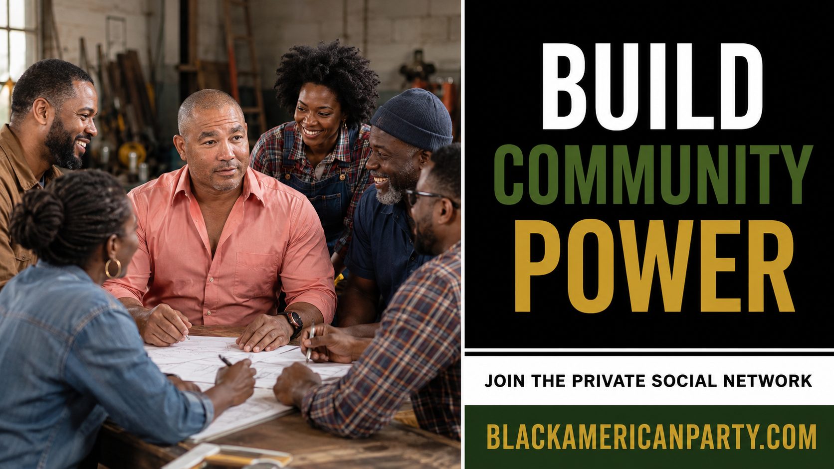 Black American Party promotional card reading “Build Community Power” over a photograph of Black professionals