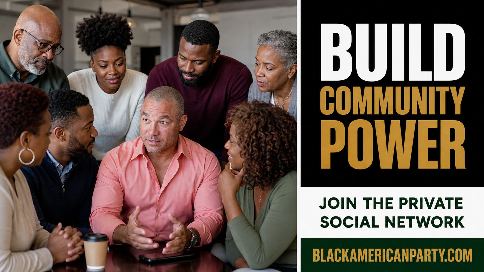 Black American Party promotional card reading “Build Community Power” over a photograph of Black professionals