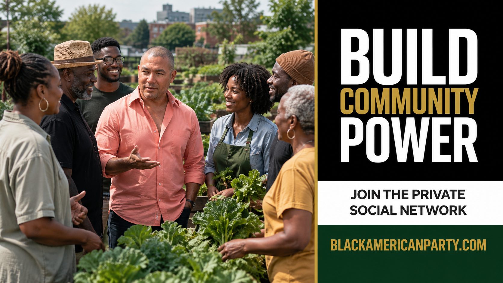 Black American Party promotional card reading “Build Community Power” over a photograph of Black professionals