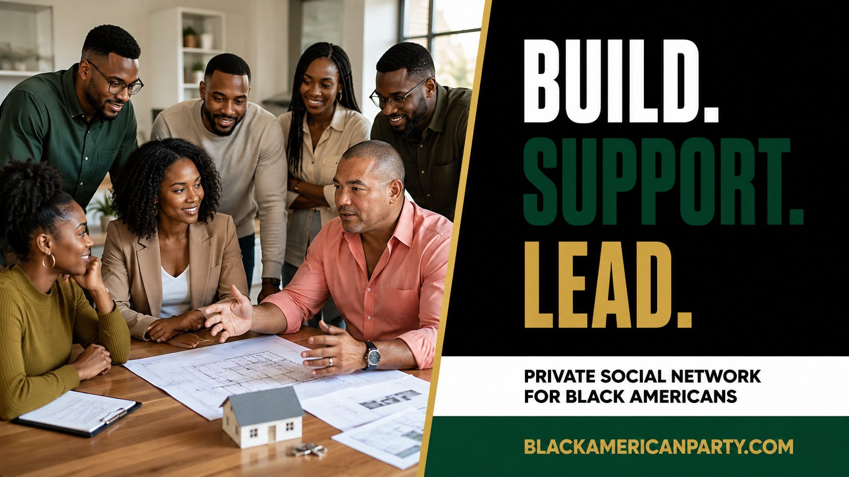 Black American Party promotional card reading “Build. Support. Lead.” over a photograph of Black professionals