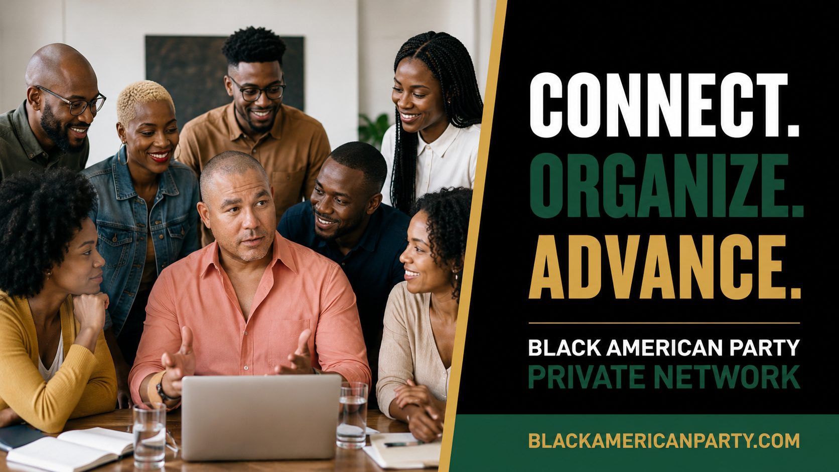 Black American Party promotional card reading “Connect. Organize. Advance.” over a photograph of Black professionals