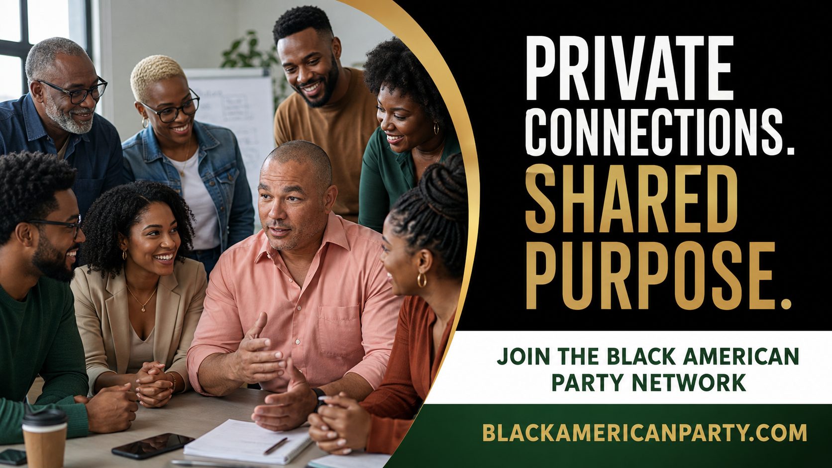 Black American Party promotional card reading “Private Connections. Shared Purpose.” over a photograph of Black professionals